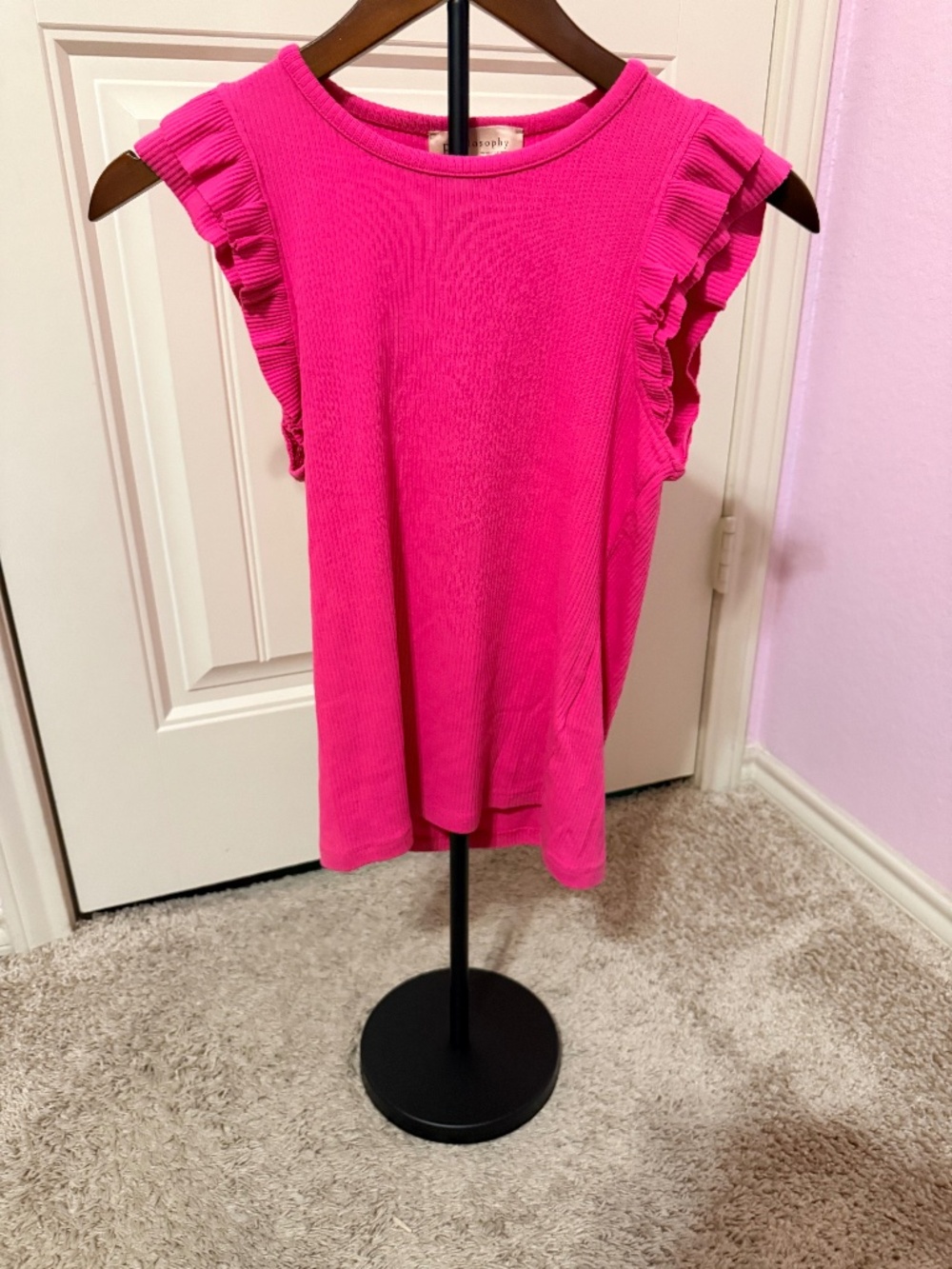 Philosophy Cap Ruffle Sleeve Ribbed Crew Neck Top Pink Women's XS